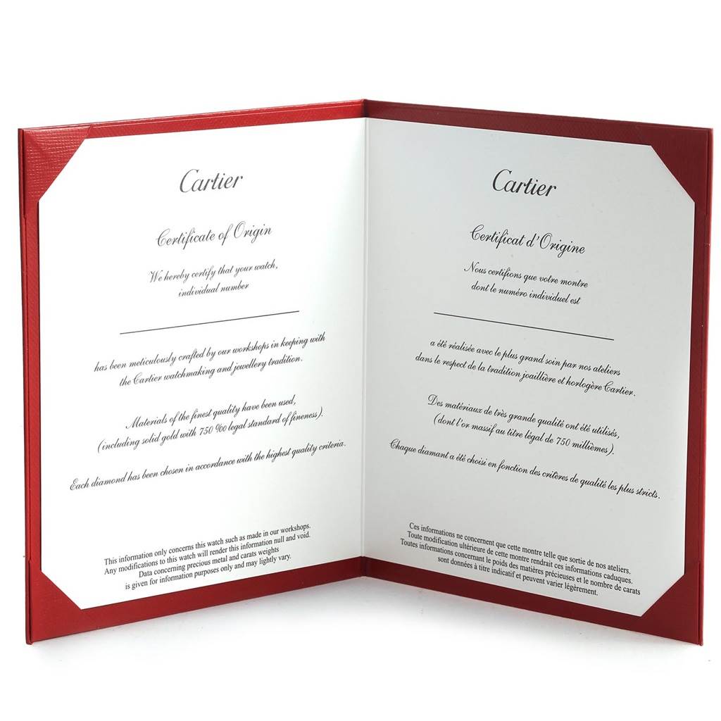 This image shows the open certificate of origin for the Cartier Tank Française watch.