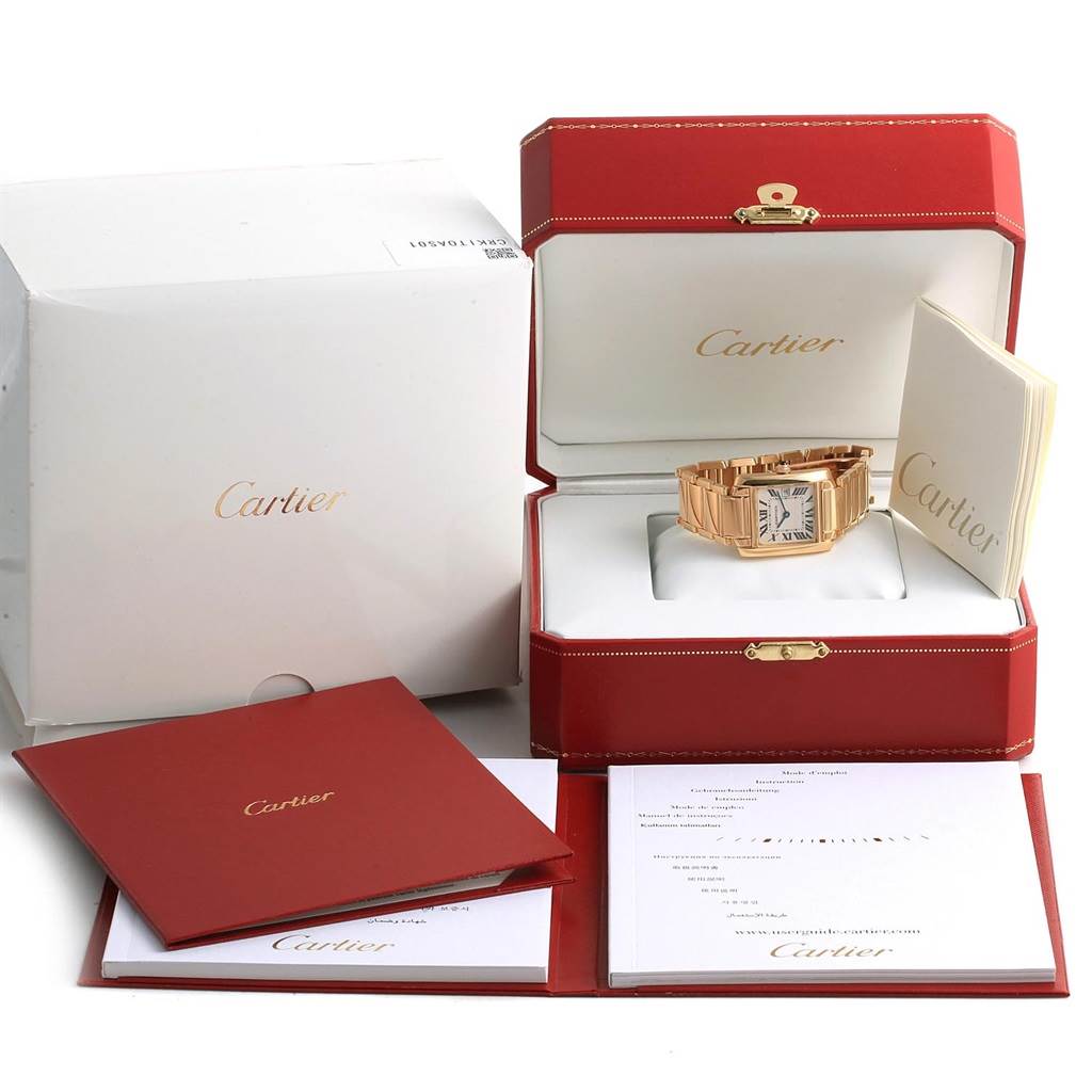 The image shows a Cartier Tank Francaise W50014N2 Women's Yellow Gold Silver Dial W50014N2 Women's Yellow Gold Silver Dial watch in its box with accompanying documentation and packaging.