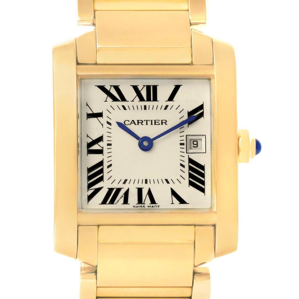 The image shows a front view of a Cartier Tank Francaise W50014N2 Women's Yellow Gold Silver Dial W50014N2 Women's Yellow Gold Silver Dial watch, highlighting its face, Roman numerals, and part of the gold bracelet.