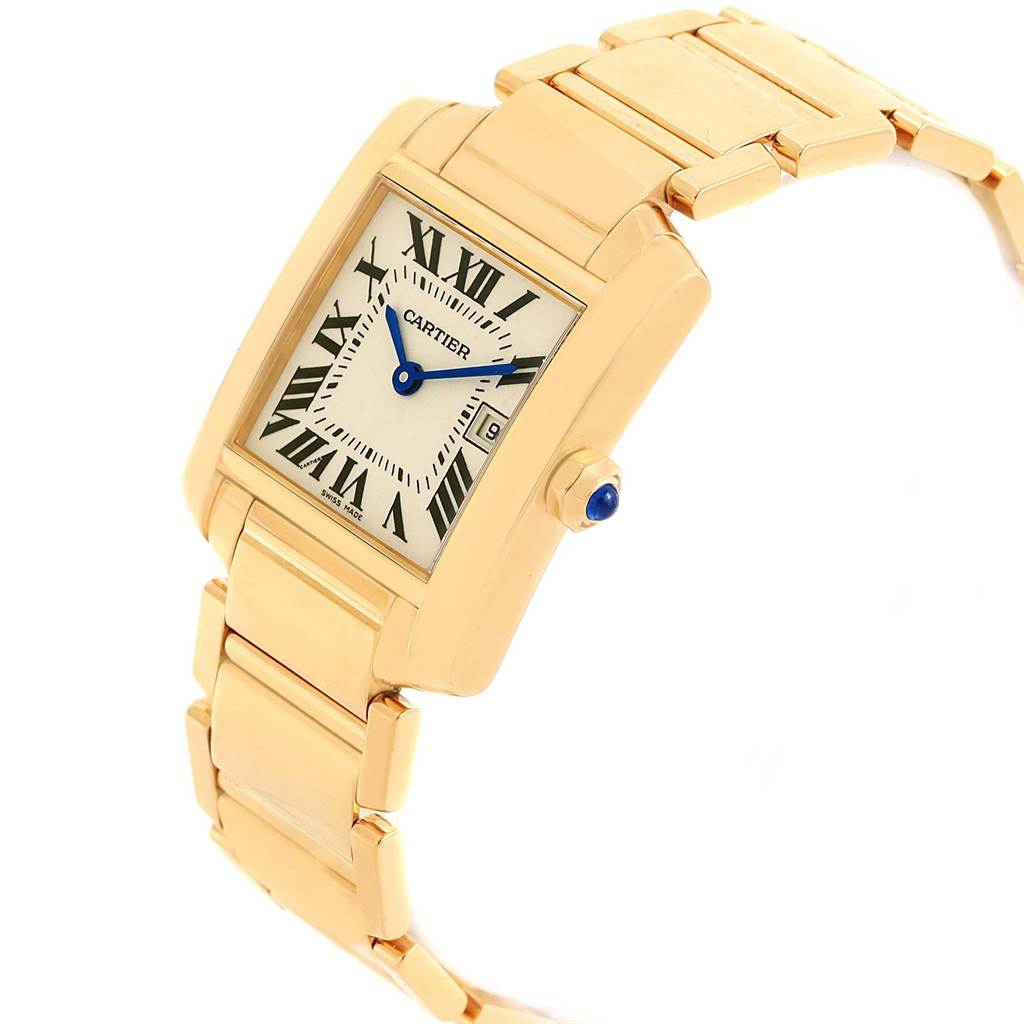 This image shows a side angle of the Cartier Tank Francaise W50014N2 Women's Yellow Gold Silver Dial W50014N2 Women's Yellow Gold Silver Dial watch, highlighting its bracelet, case, and crown.