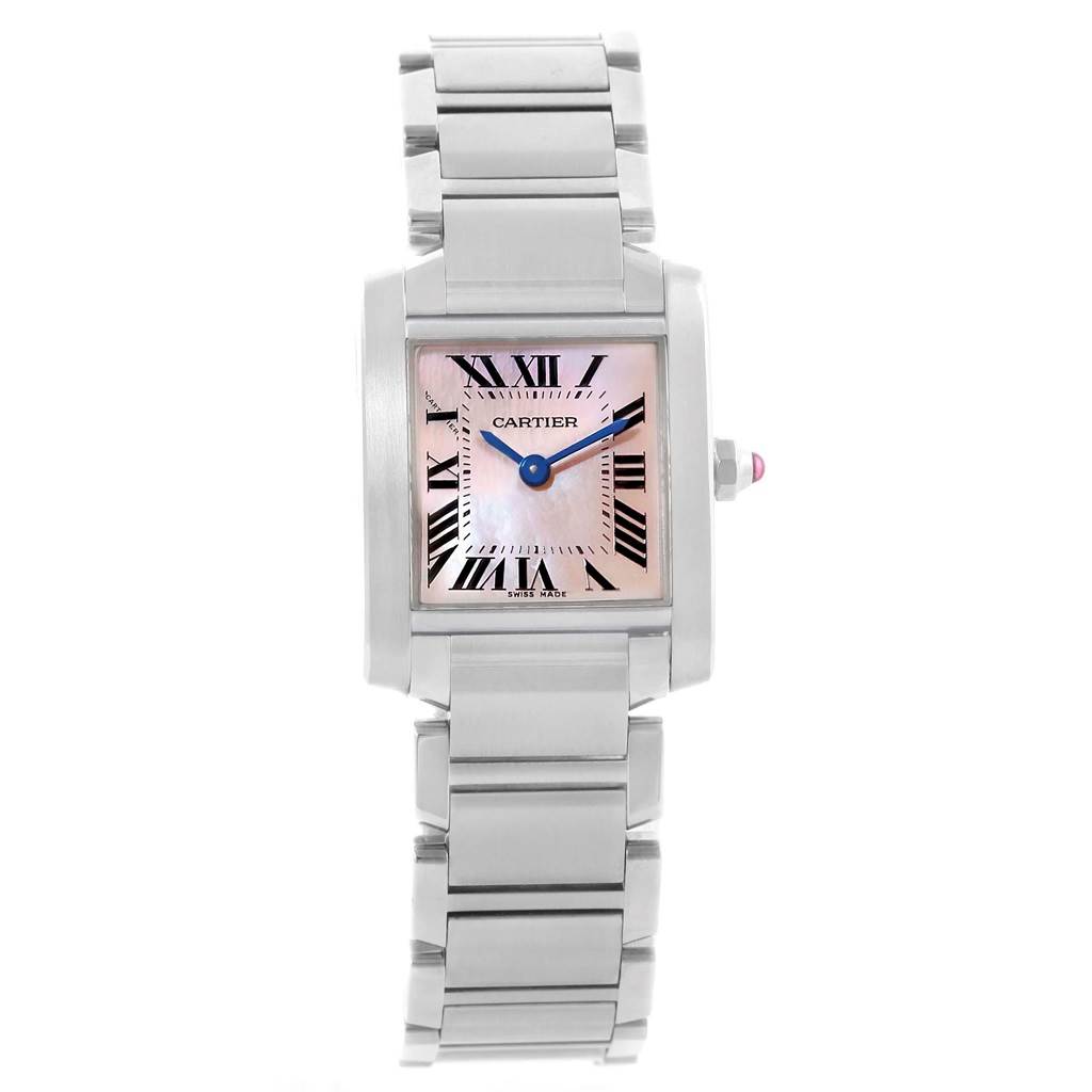 This image shows a front view of the Cartier Tank Francaise W51028Q3 Women's Stainless Steel Mother of Pearl Dial W51028Q3 Women's Stainless Steel Mother of Pearl Dial watch, displaying its rectangular face, Roman numerals, and stainless steel bracelet.