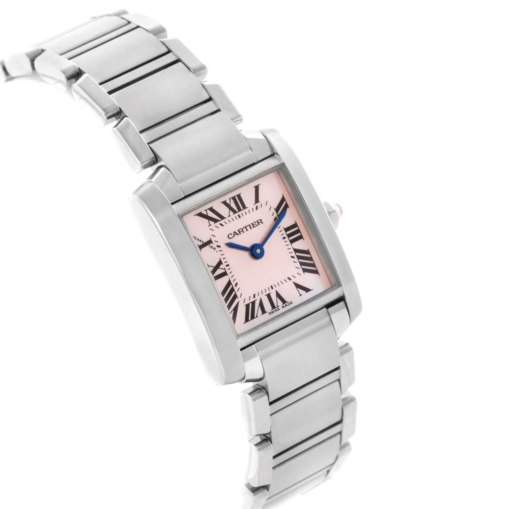The image shows the Cartier Tank Francaise W51028Q3 Women's Stainless Steel Mother of Pearl Dial W51028Q3 Women's Stainless Steel Mother of Pearl Dial watch at an angled view, highlighting the dial, bracelet, and crown.