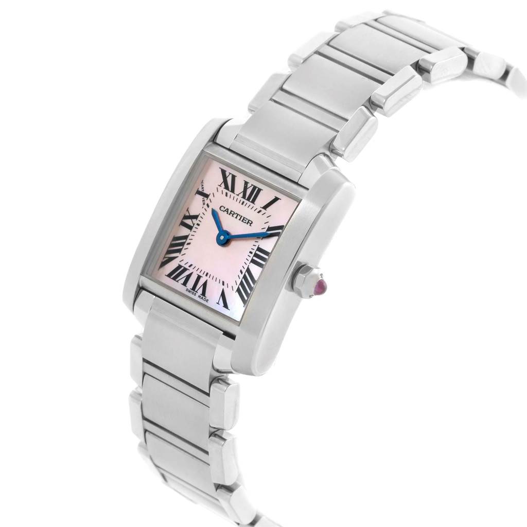 This image shows a Cartier Tank Française watch at a three-quarter angle, displaying its rectangular dial, Roman numerals, and metal bracelet.