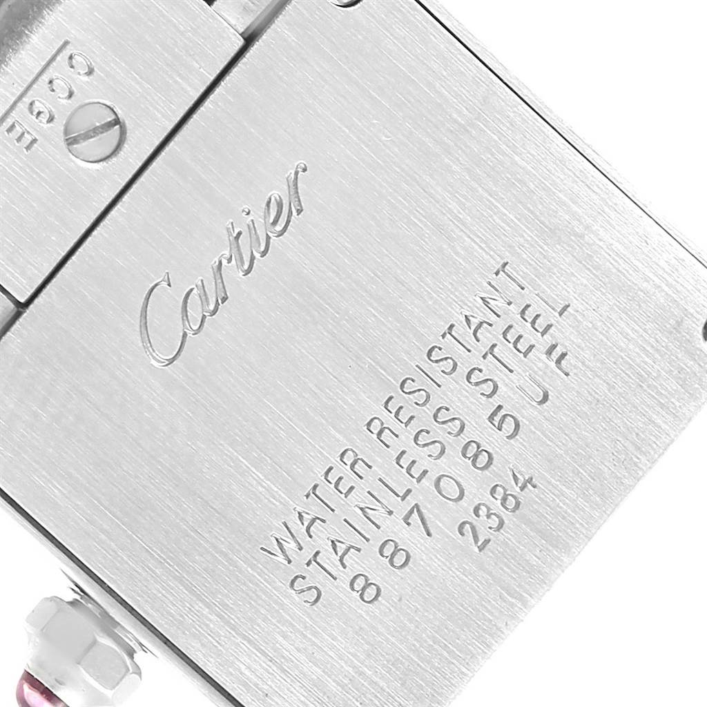 The image shows the back case of a Cartier Tank Francaise W51028Q3 Women's Stainless Steel Mother of Pearl Dial W51028Q3 Women's Stainless Steel Mother of Pearl Dial watch, including branding, water resistance, and stainless steel details.