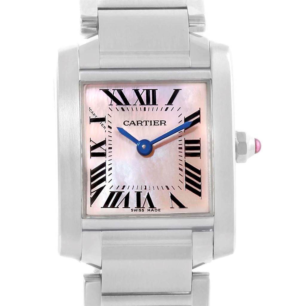 This Cartier Tank Française watch is shown from a frontal angle, highlighting its dial and part of its bracelet.