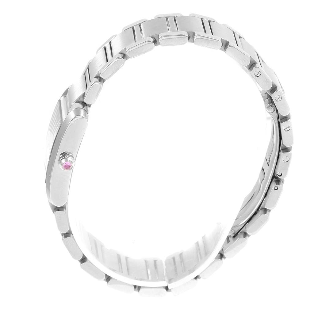 This image shows a side view of the Cartier Tank Francaise W51028Q3 Women's Stainless Steel Mother of Pearl Dial W51028Q3 Women's Stainless Steel Mother of Pearl Dial model, displaying its metal bracelet and crown with a gemstone.