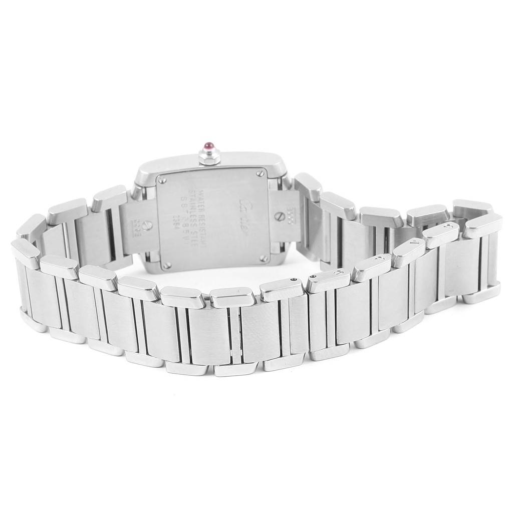The image shows the back and bracelet of a Cartier Tank Francaise W51028Q3 Women's Stainless Steel Mother of Pearl Dial W51028Q3 Women's Stainless Steel Mother of Pearl Dial watch, highlighting its stainless steel links and case.