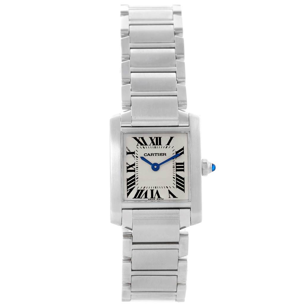 The image shows a Cartier Tank Francaise W51008Q3 Women's Stainless Steel Silver Dial W51008Q3 Women's Stainless Steel Silver Dial watch from a front angle, highlighting its rectangular face, Roman numerals, and metal bracelet.
