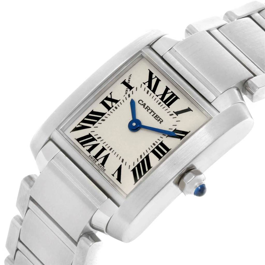 The image shows a Cartier Tank Francaise W51008Q3 Women's Stainless Steel Silver Dial W51008Q3 Women's Stainless Steel Silver Dial watch from a slight top angle, highlighting its rectangular face, Roman numerals, and metal bracelet.