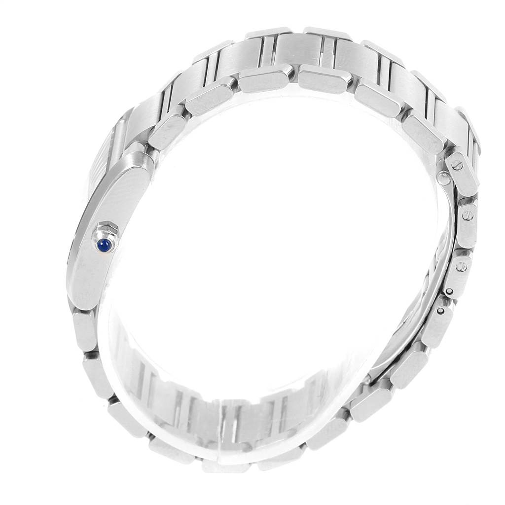 The image shows a side view of the strap and case of the Cartier Tank Francaise W51008Q3 Women's Stainless Steel Silver Dial W51008Q3 Women's Stainless Steel Silver Dial watch, highlighting the crown with a blue gem.