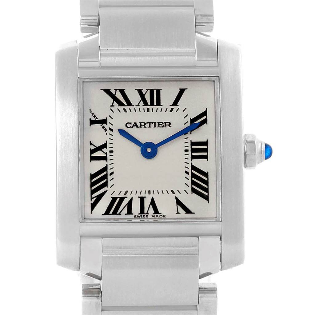 This Cartier Tank Francaise W51008Q3 Women's Stainless Steel Silver Dial W51008Q3 Women's Stainless Steel Silver Dial watch is shown from the front, displaying its face, bracelet, and the signature blue sapphire cabochon crown.