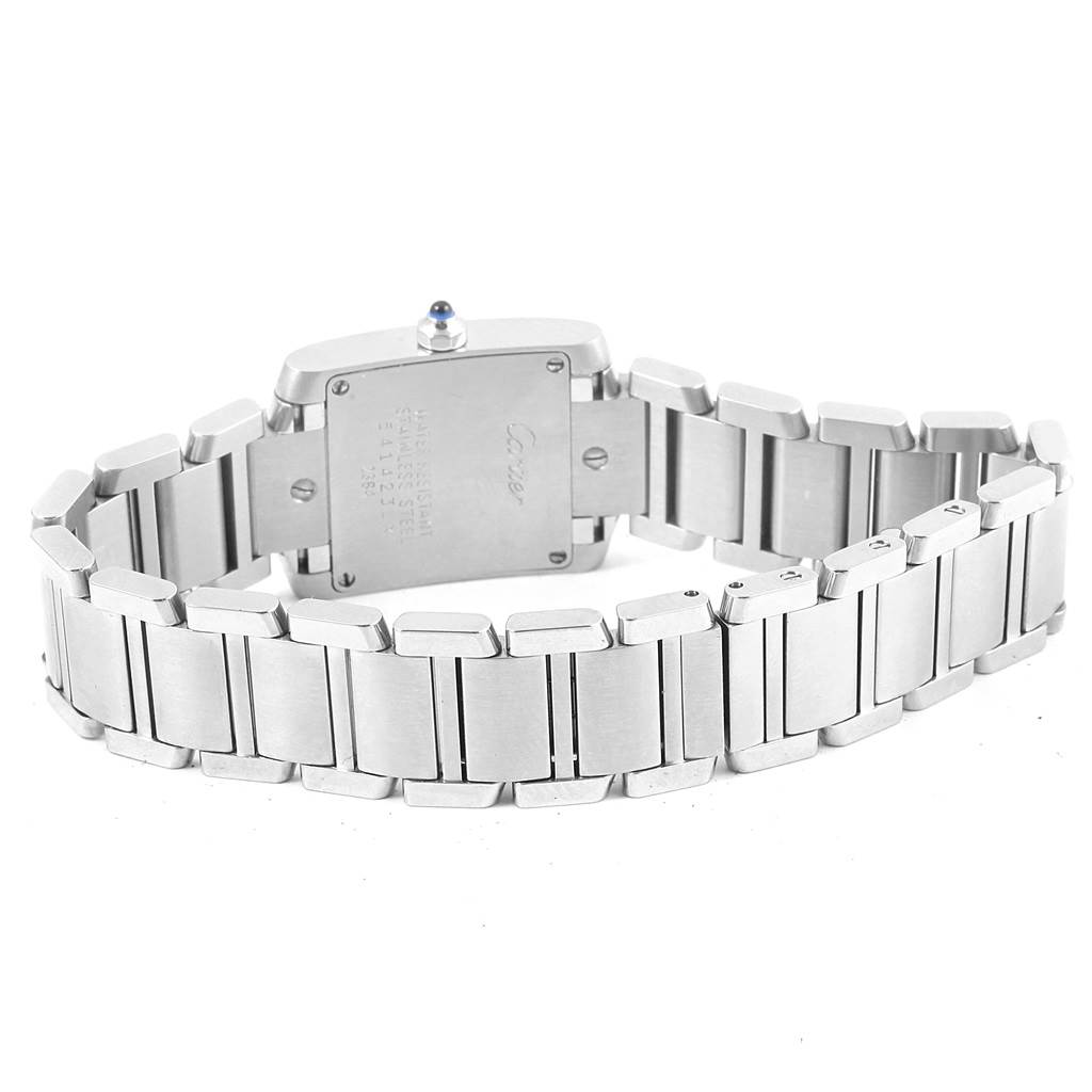 The image shows the back and stainless steel bracelet of the Cartier Tank Francaise W51008Q3 Women's Stainless Steel Silver Dial W51008Q3 Women's Stainless Steel Silver Dial watch.