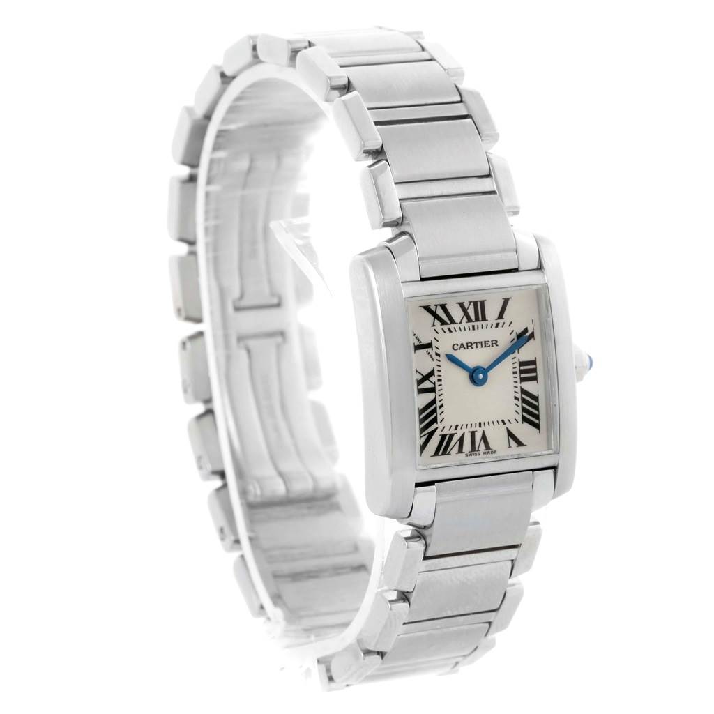 The Cartier Tank Francaise W51008Q3 Women's Stainless Steel Silver Dial W51008Q3 Women's Stainless Steel Silver Dial watch is shown at a three-quarter angle, highlighting its rectangular face, stainless steel bracelet, and Roman numeral dial.