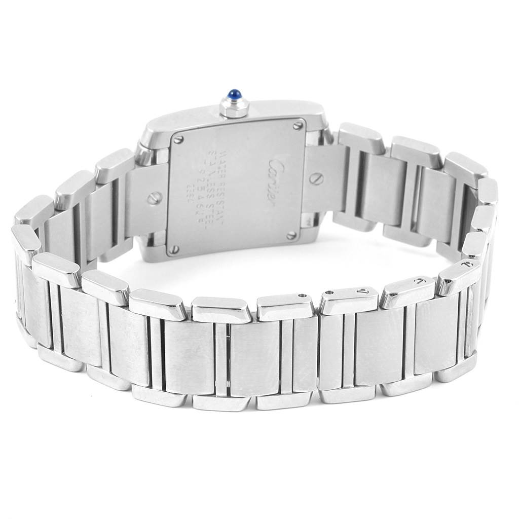 This image shows the back and bracelet of a Cartier Tank Francaise W51008Q3 Women's Stainless Steel Silver Dial W51008Q3 Women's Stainless Steel Silver Dial watch.