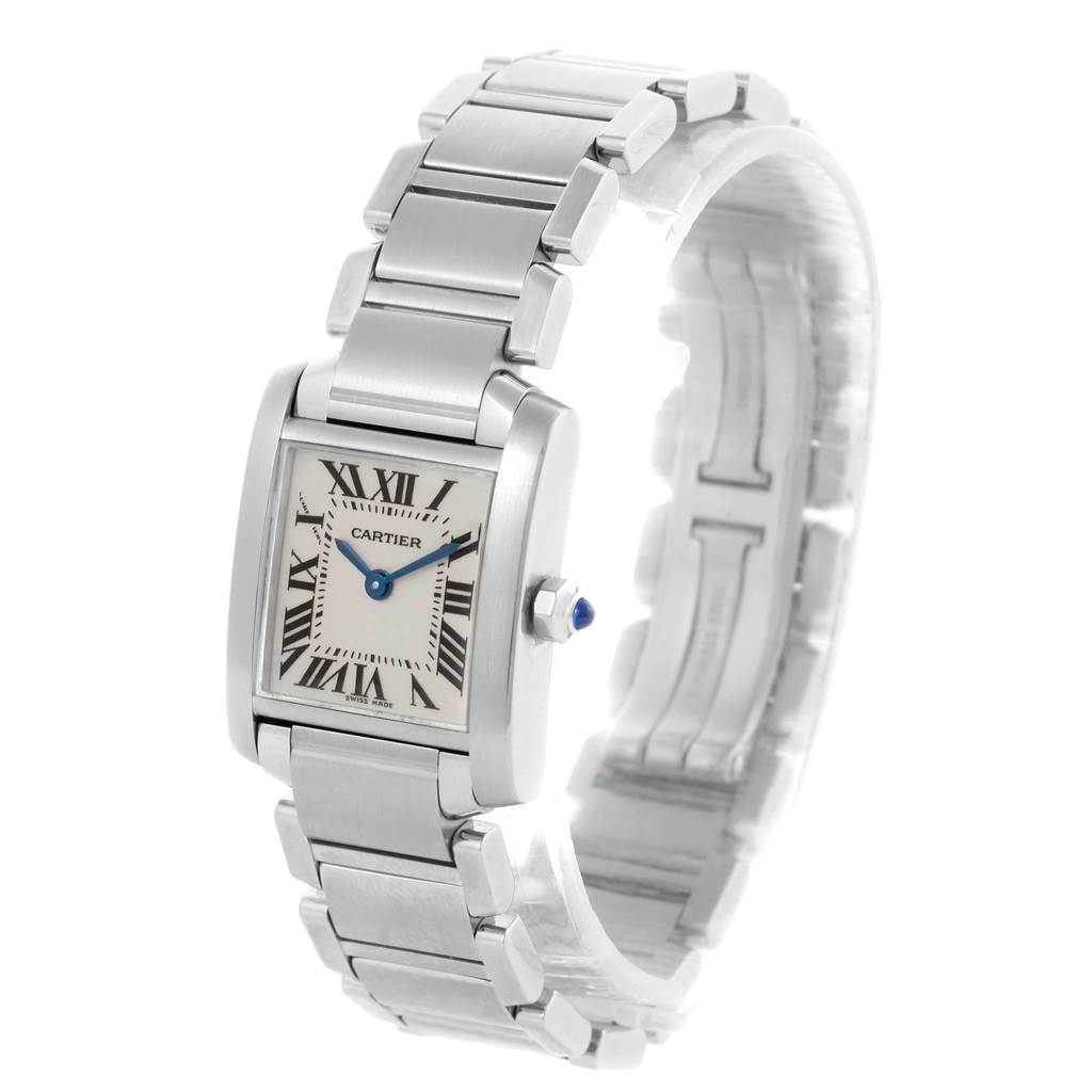 The image shows a Cartier Tank Francaise W51008Q3 Women's Stainless Steel Silver Dial W51008Q3 Women's Stainless Steel Silver Dial watch from a front angle, highlighting its rectangular dial and stainless steel bracelet.
