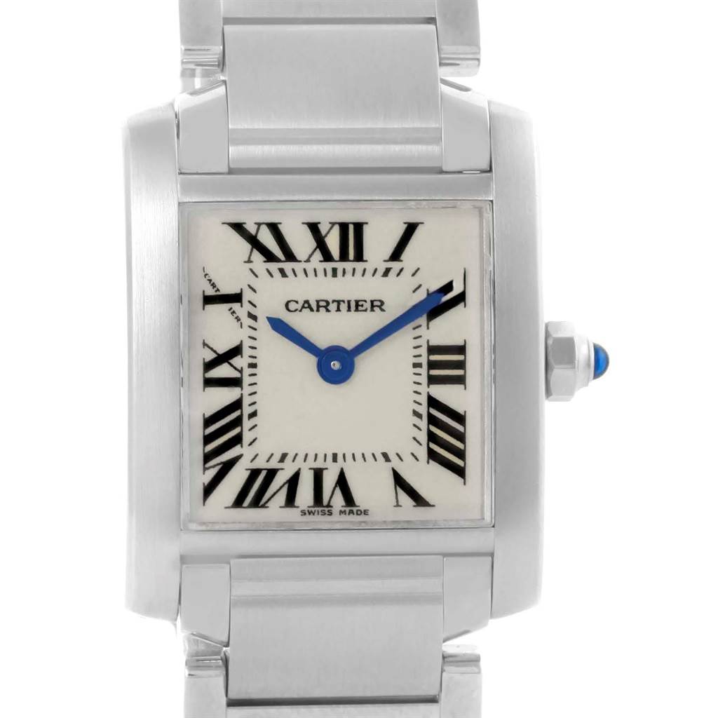 This image shows a close-up view of the face and part of the bracelet of a Cartier Tank Francaise W51008Q3 Women's Stainless Steel Silver Dial W51008Q3 Women's Stainless Steel Silver Dial watch.