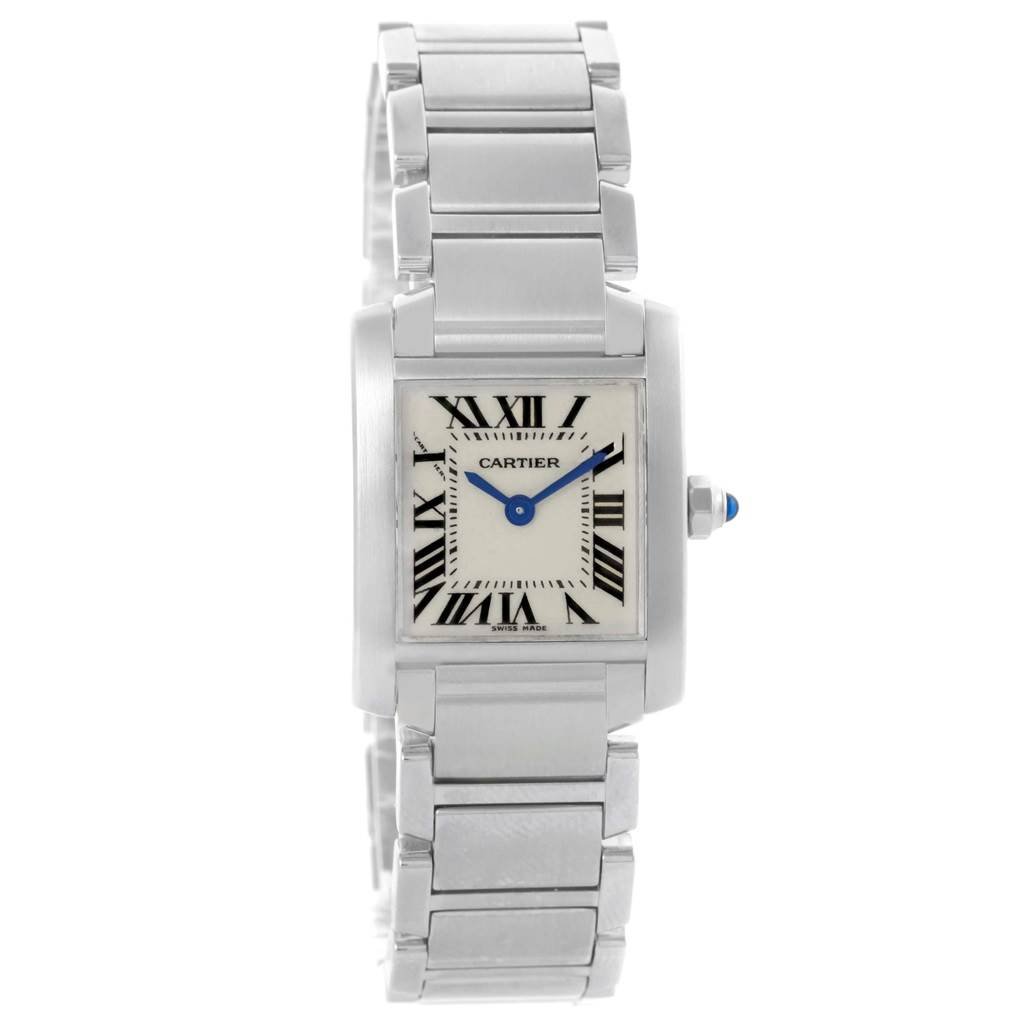 The Cartier Tank Francaise W51008Q3 Women's Stainless Steel Silver Dial W51008Q3 Women's Stainless Steel Silver Dial watch is shown from a front view, displaying the face, roman numeral markers, and metal bracelet.
