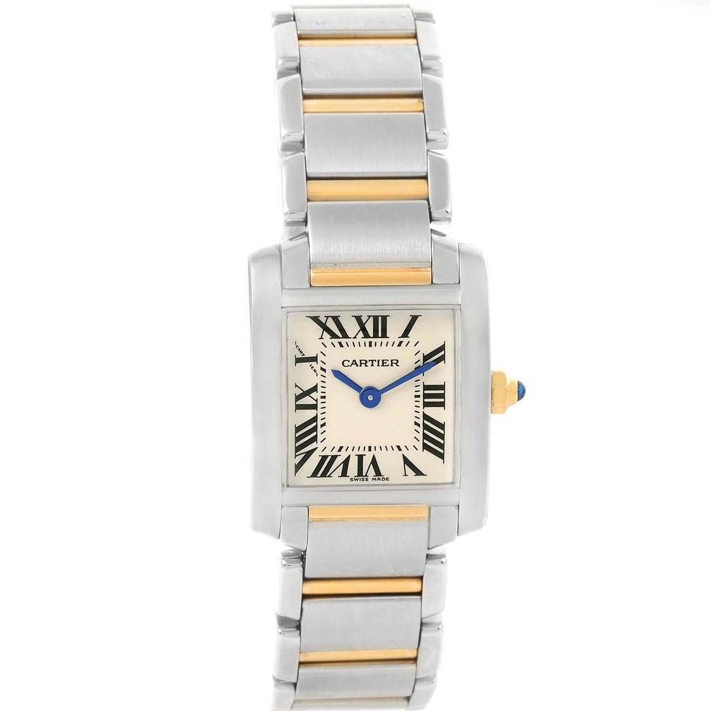 This image shows a front view of the Cartier Tank Francaise W51007Q4 Women's Steel and Gold (two tone) Silver Dial W51007Q4 Women's Steel and Gold (two tone) Silver Dial watch, displaying the dial, case, bracelet, and crown.