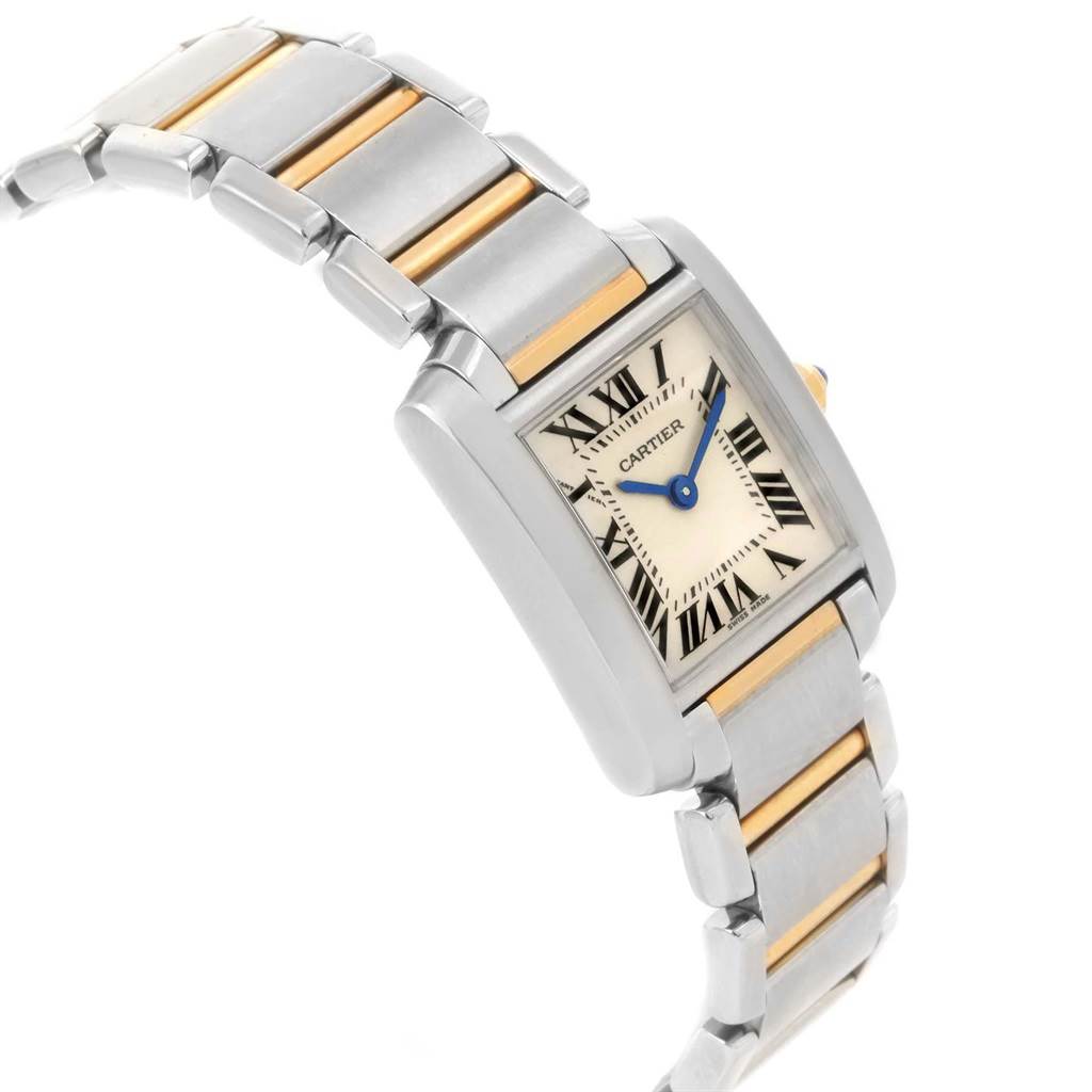 The Cartier Tank Francaise W51007Q4 Women's Steel and Gold (two tone) Silver Dial W51007Q4 Women's Steel and Gold (two tone) Silver Dial watch is shown at an angled view, highlighting its rectangular face and metal links bracelet with gold accents.