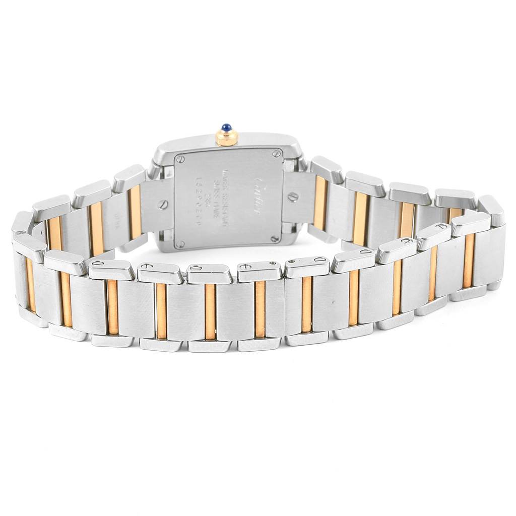 This image shows the case back and bracelet of a Cartier Tank Francaise W51007Q4 Women's Steel and Gold (two tone) Silver Dial W51007Q4 Women's Steel and Gold (two tone) Silver Dial watch from a rear angle view.