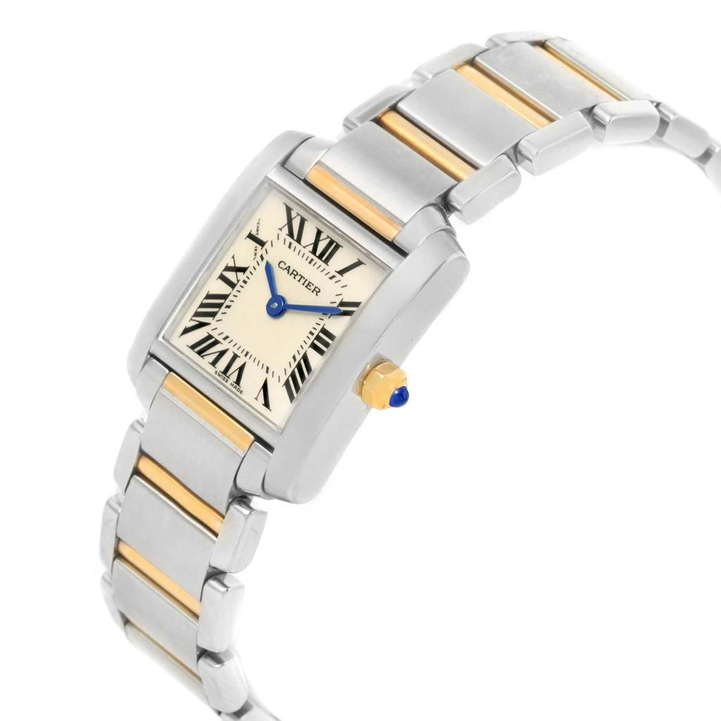 This image shows a Cartier Tank Française watch at an angled side view, highlighting its face, roman numerals, and two-tone bracelet.
