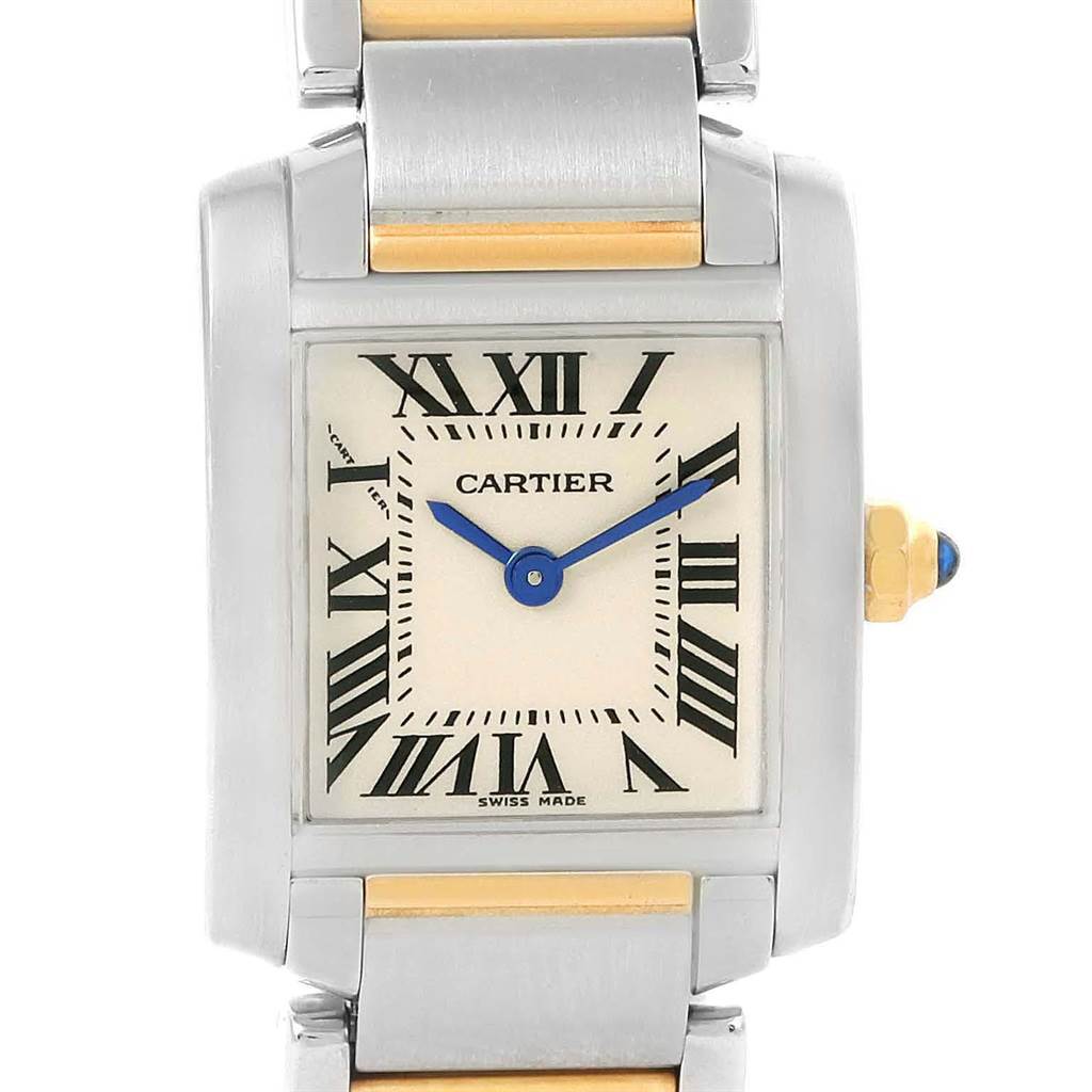 This image shows a close-up, front-facing view of a Cartier Tank Francaise W51007Q4 Women's Steel and Gold (two tone) Silver Dial W51007Q4 Women's Steel and Gold (two tone) Silver Dial watch, highlighting its dial, hands, case, and part of the bracelet.