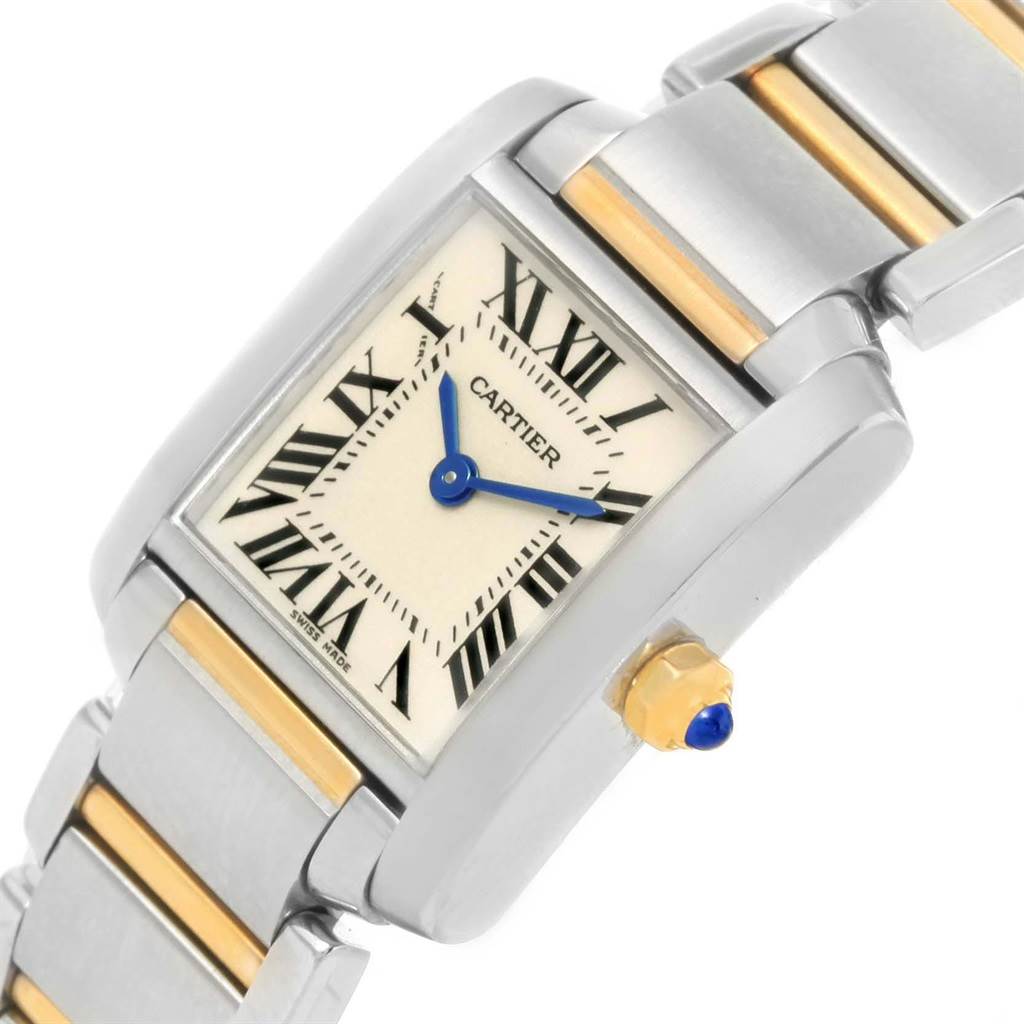 This image shows a close-up, angled view of the Cartier Tank Française watch, highlighting the dial, bezel, and bracelet.