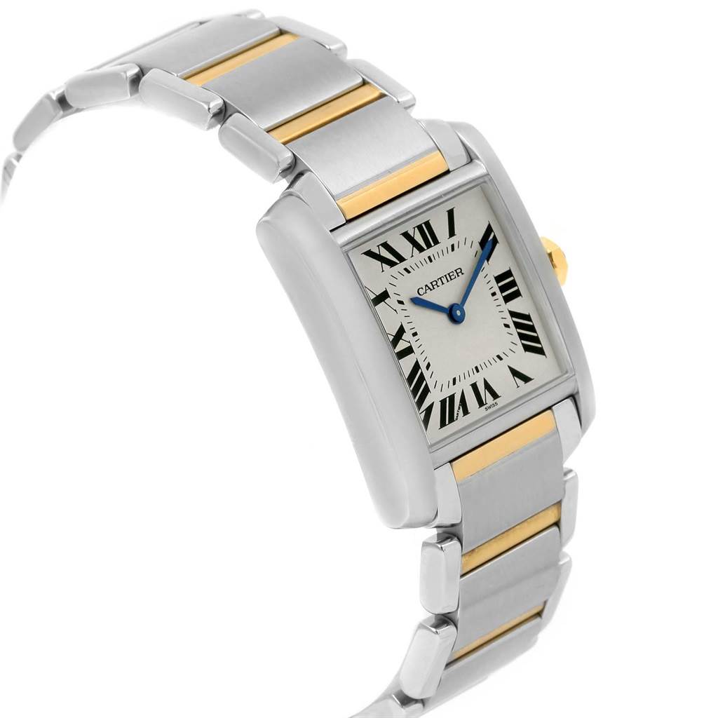 This image shows a Cartier Tank Française watch angled from the upper left, highlighting its case, dial, and bracelet.