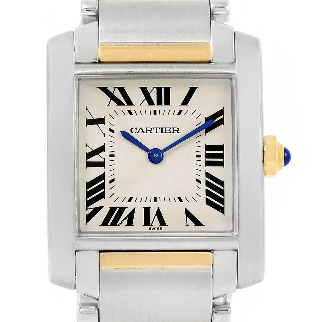 The image shows a close-up of the dial and part of the bracelet of the Cartier Tank Francaise W2TA0003 Women's Steel and Gold (two tone) Silver Dial W2TA0003 Women's Steel and Gold (two tone) Silver Dial watch.