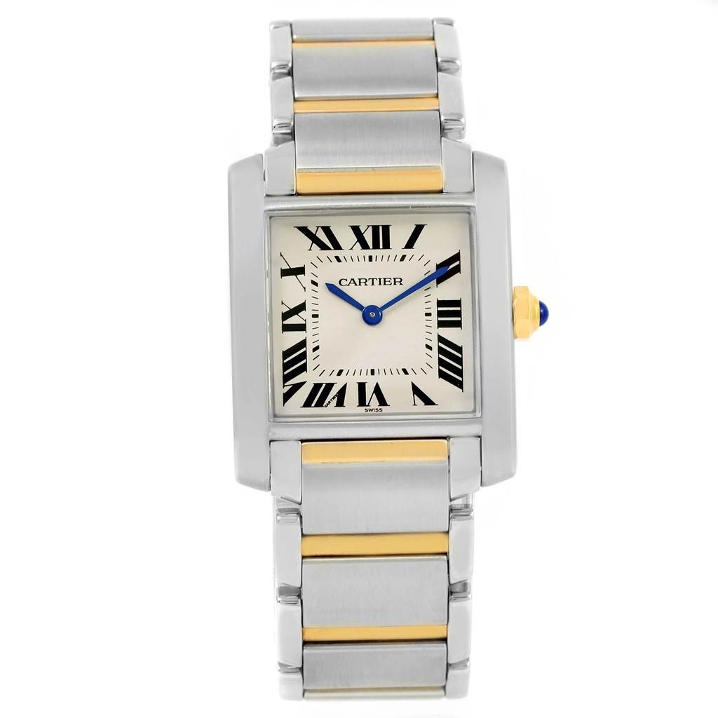 The image shows a Cartier Tank Francaise W2TA0003 Women's Steel and Gold (two tone) Silver Dial W2TA0003 Women's Steel and Gold (two tone) Silver Dial watch, featuring a frontal view of the dial and bracelet, highlighting its design and details.