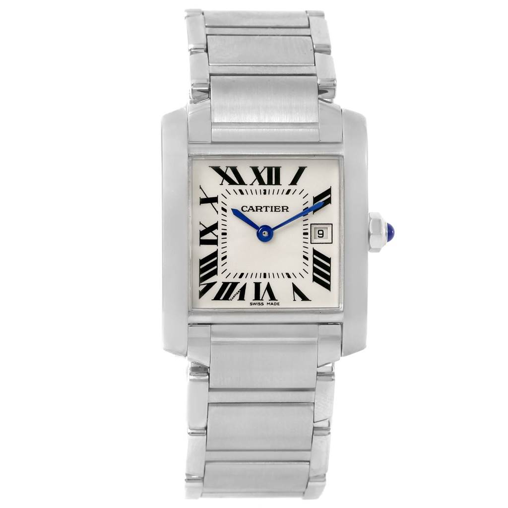 The image shows a front view of the Cartier Tank Francaise W51011Q3 Women's Stainless Steel Silver Dial W51011Q3 Women's Stainless Steel Silver Dial watch, displaying its dial, hands, bracelet, and crown.