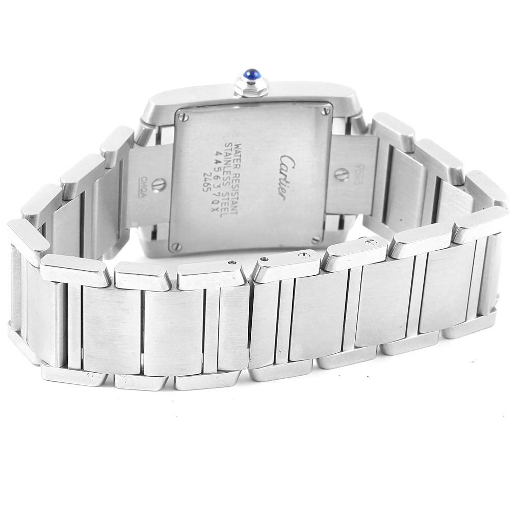 This image shows the back view of a Cartier Tank Francaise W51011Q3 Women's Stainless Steel Silver Dial W51011Q3 Women's Stainless Steel Silver Dial watch, highlighting its stainless steel bracelet and case back.