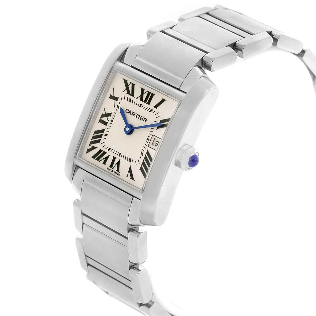 The Tank Francaise model by Cartier is shown at a three-quarter angle, highlighting its dial, bracelet, and crown.