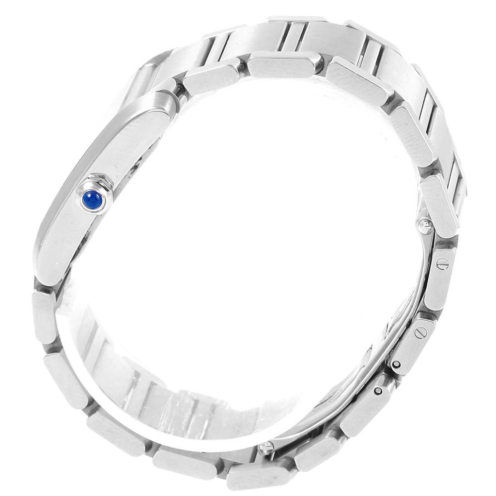 The image shows a side angle of the Cartier Tank Francaise W51011Q3 Women's Stainless Steel Silver Dial W51011Q3 Women's Stainless Steel Silver Dial watch, highlighting its metal bracelet and crown with a blue cabochon.
