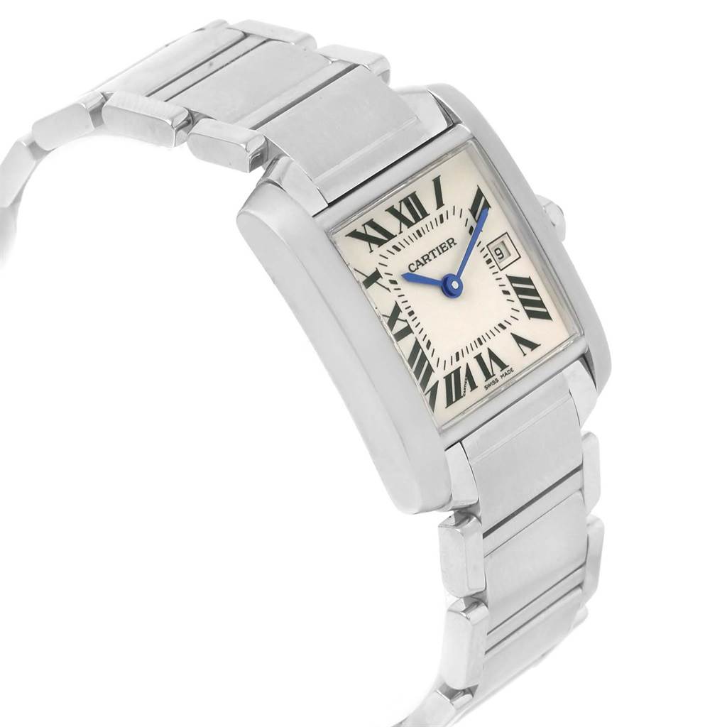 The image shows a side angle of a Cartier Tank Francaise W51011Q3 Women's Stainless Steel Silver Dial W51011Q3 Women's Stainless Steel Silver Dial watch, highlighting its bracelet and rectangular face with Roman numerals.
