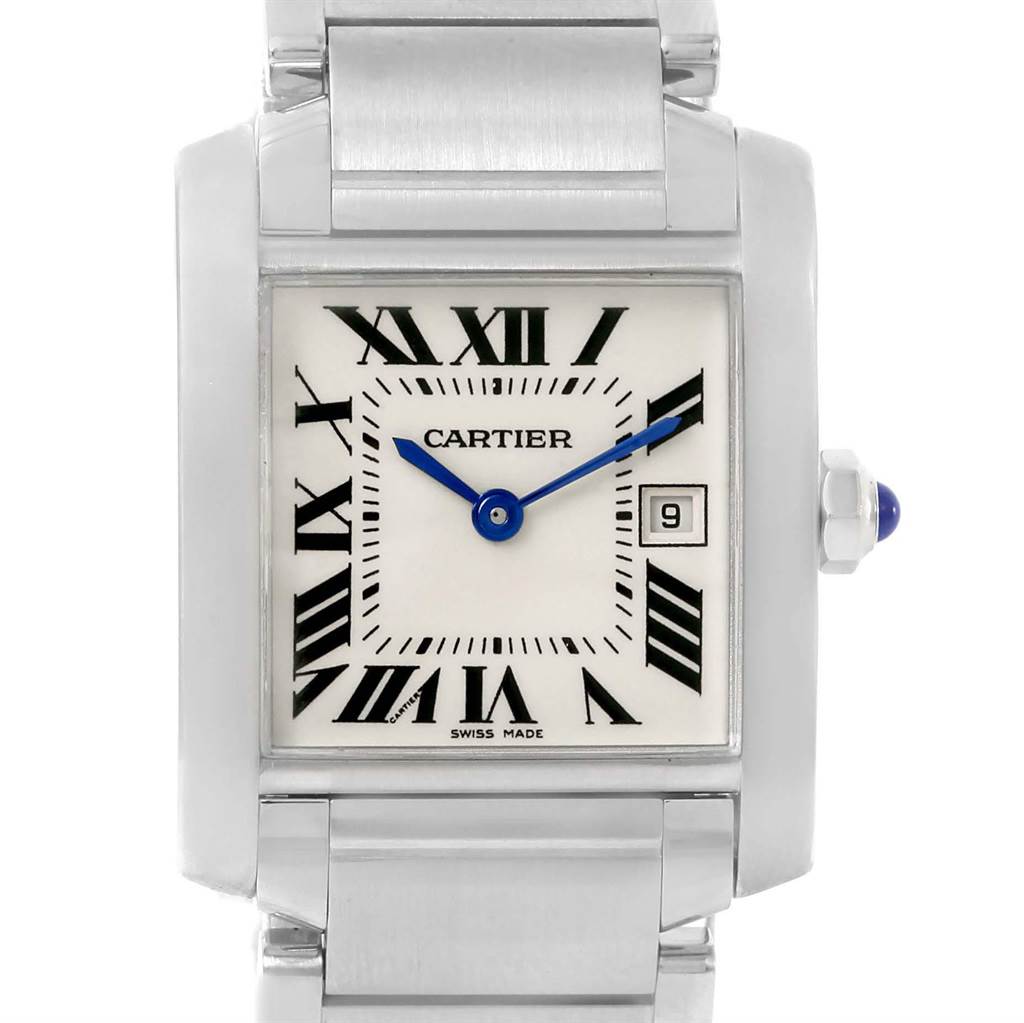 The image shows the dial and part of the stainless steel bracelet of the Cartier Tank Francaise W51011Q3 Women's Stainless Steel Silver Dial W51011Q3 Women's Stainless Steel Silver Dial watch from a front angle.