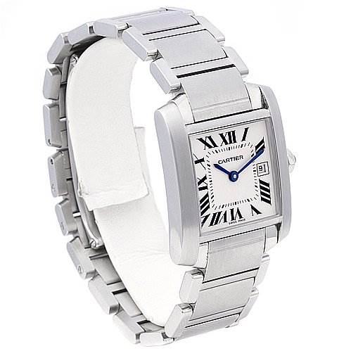 The image shows a Cartier Tank Francaise W51011Q3 Women
s Stainless Steel Silver Dial W51011Q3 Women
s Stainless Steel Silver Dial watch at a three-quarter angle, displaying its face and metal bracelet.