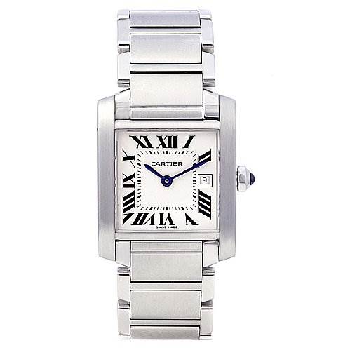 This image shows a front view of the Cartier Tank Francaise W51011Q3 Women
s Stainless Steel Silver Dial W51011Q3 Women
s Stainless Steel Silver Dial watch, displaying its stainless steel bracelet, rectangular case, and Roman numeral dial.