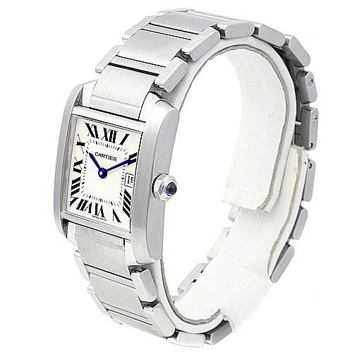 This image shows a side angle view of a Cartier Tank Française watch, highlighting its face, bracelet, and crown.