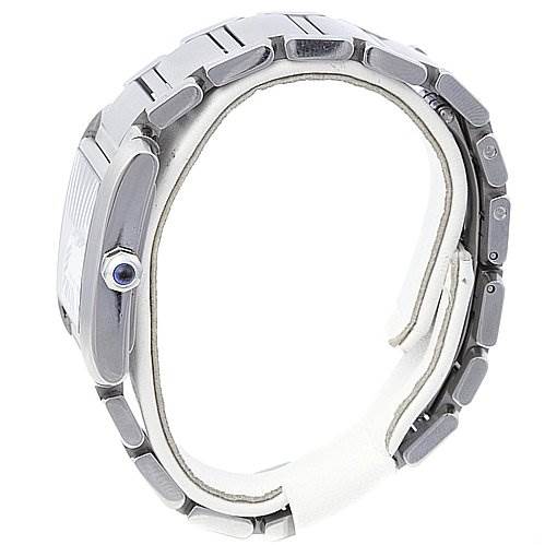 The image shows a side view of the Cartier Tank Francaise W51011Q3 Women
s Stainless Steel Silver Dial W51011Q3 Women
s Stainless Steel Silver Dial watch, highlighting the bracelet and crown.