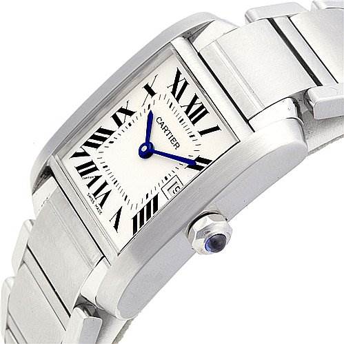 The image shows a Tank Francaise model by Cartier angled to display the face, bracelet, and crown with a blue cabochon.