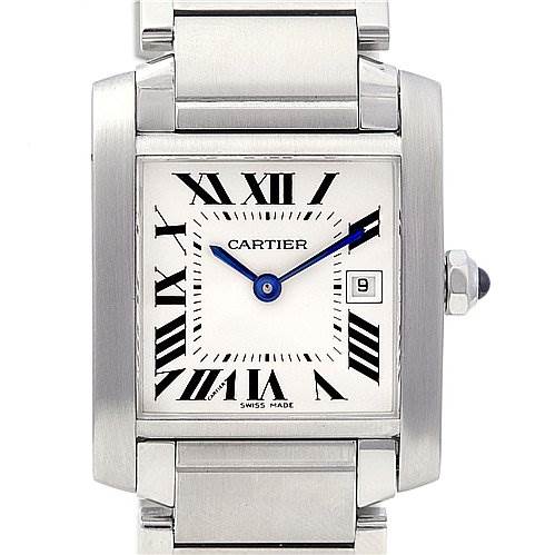 The image shows a front view of a Cartier Tank Francaise W51011Q3 Women
s Stainless Steel Silver Dial W51011Q3 Women
s Stainless Steel Silver Dial watch, highlighting its square dial, Roman numerals, date display, and silver bracelet.
