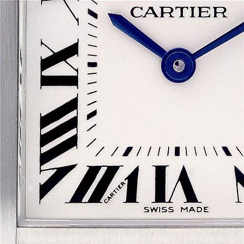 This is a close-up of the dial on a Cartier Tank Francaise W51011Q3 Women
s Stainless Steel Silver Dial W51011Q3 Women
s Stainless Steel Silver Dial watch, featuring Roman numerals and blue hands.