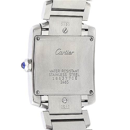 This image shows the back of a Cartier Tank Francaise W51011Q3 Women
s Stainless Steel Silver Dial W51011Q3 Women
s Stainless Steel Silver Dial watch, highlighting its stainless steel case and inscriptions.