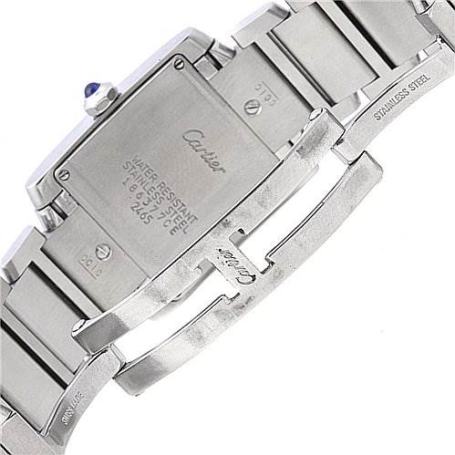 This image shows the stainless steel back and clasp of the Cartier Tank Francaise W51011Q3 Women
s Stainless Steel Silver Dial W51011Q3 Women
s Stainless Steel Silver Dial watch.