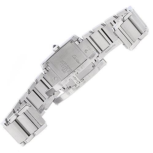 This image shows the back view of the Cartier Tank Francaise W51011Q3 Women
s Stainless Steel Silver Dial W51011Q3 Women
s Stainless Steel Silver Dial watch, focusing on its metal bracelet and clasp.