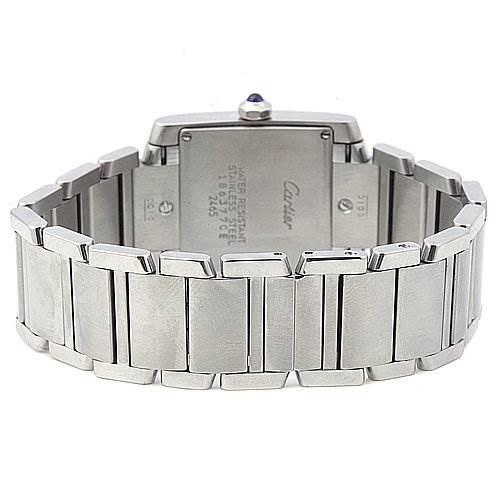 The image shows the backside of a Cartier Tank Francaise W51011Q3 Women
s Stainless Steel Silver Dial W51011Q3 Women
s Stainless Steel Silver Dial watch, displaying the case back and metal bracelet.