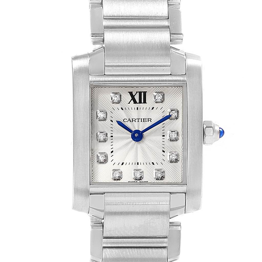 This image shows the front view of the Cartier Tank Française watch, highlighting its dial, hands, and bracelet.
