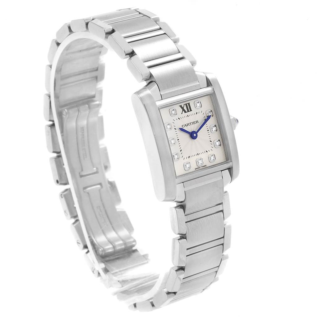 The image shows a Cartier Tank Francaise WE110006 Women's Stainless Steel Silver Dial WE110006 Women's Stainless Steel Silver Dial watch at an angled front view, highlighting its rectangular face, bracelet, and detailing.