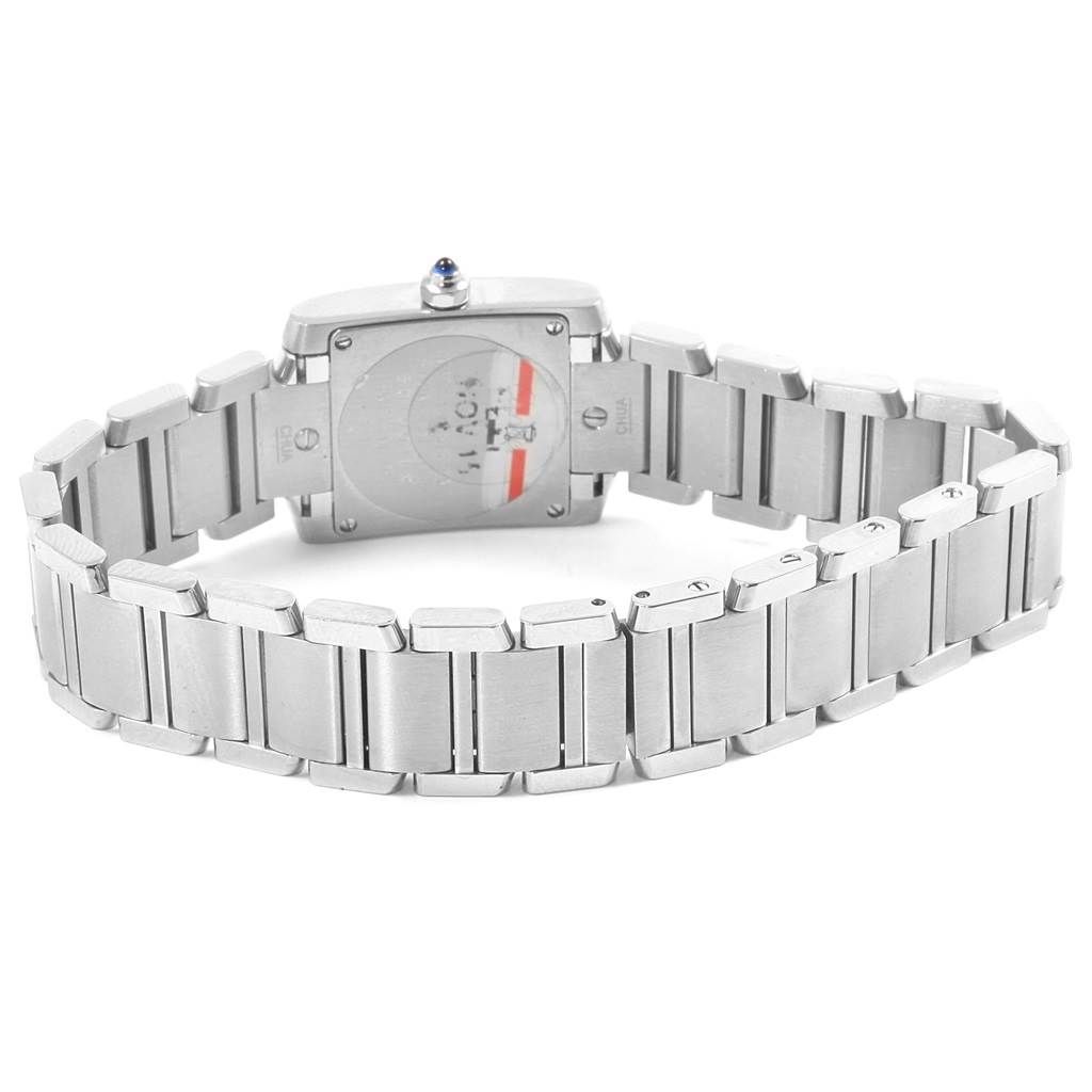The image shows the back view and bracelet of a Cartier Tank Francaise WE110006 Women's Stainless Steel Silver Dial WE110006 Women's Stainless Steel Silver Dial watch, highlighting the stainless steel construction.